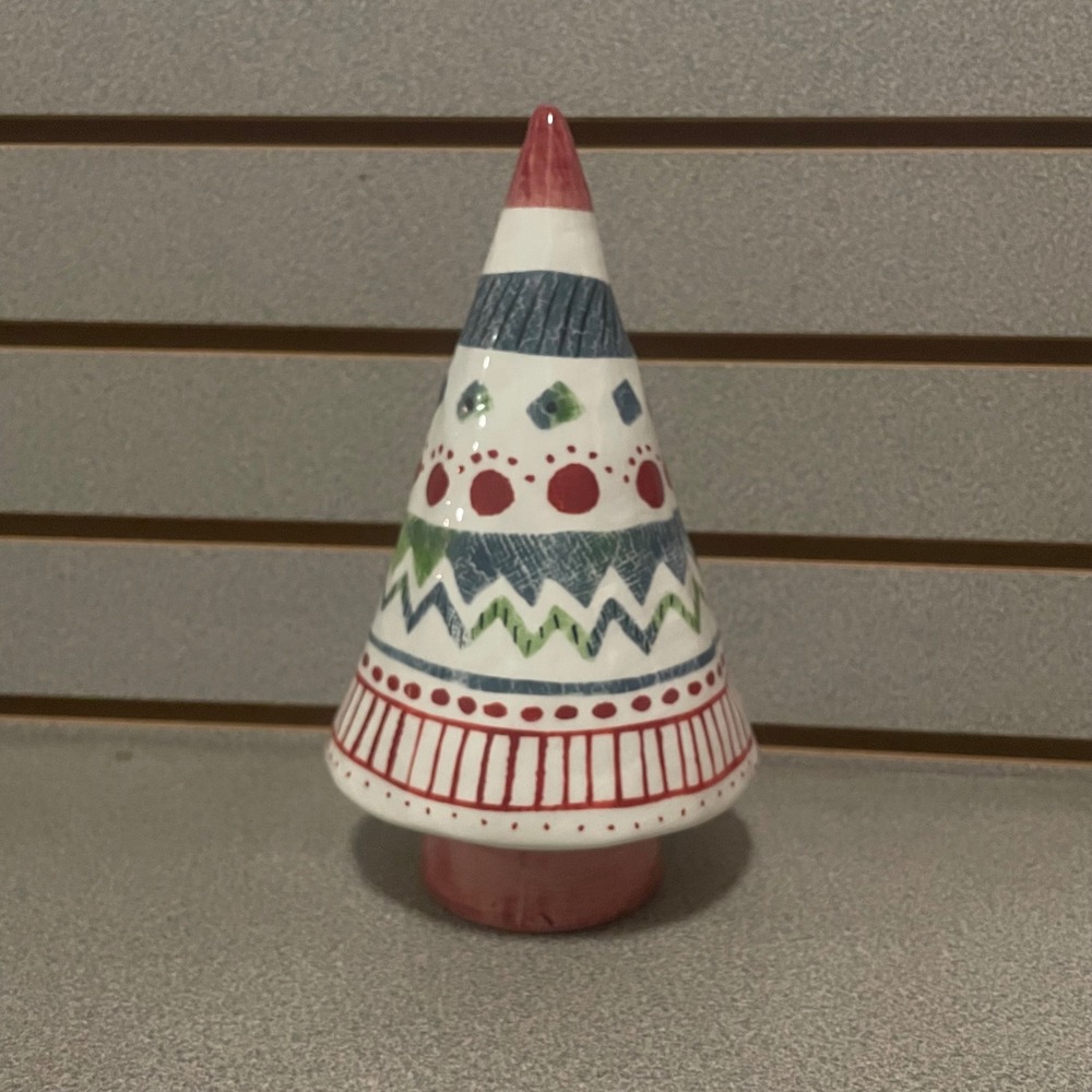New 1987 Hand‎ Painted Ceramic Christmas Tree Folk Art Geometric Tabletop Decor